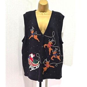 Vtg Bobbie Brooks Sweater Vest Sz XL Rudolph Christmas Holiday Embroidered Santa